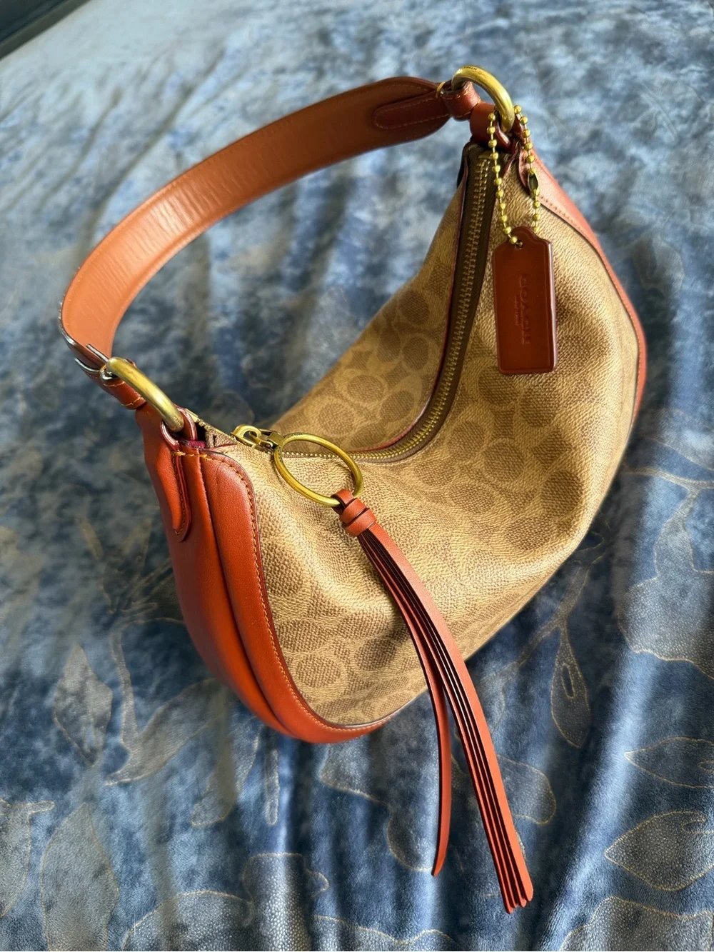Coach Brown Signature Canvas Hobo with Burnt Orange Leather Trim